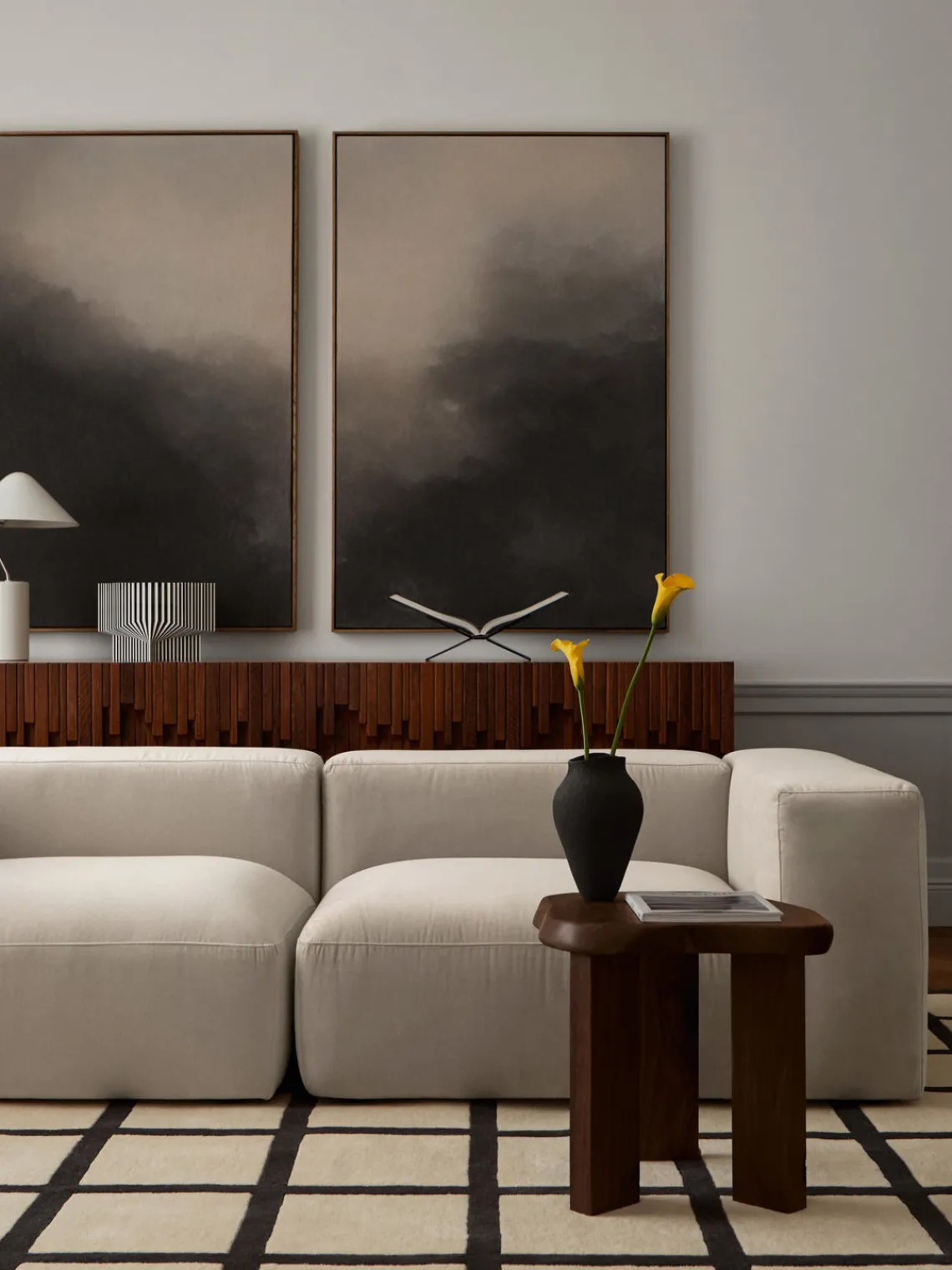 Rectangular|Alfombras Rectangulares>Layered Alfombra artesanal de lana de pelo corto Avenue Checked Blanco Off White, gris antracita