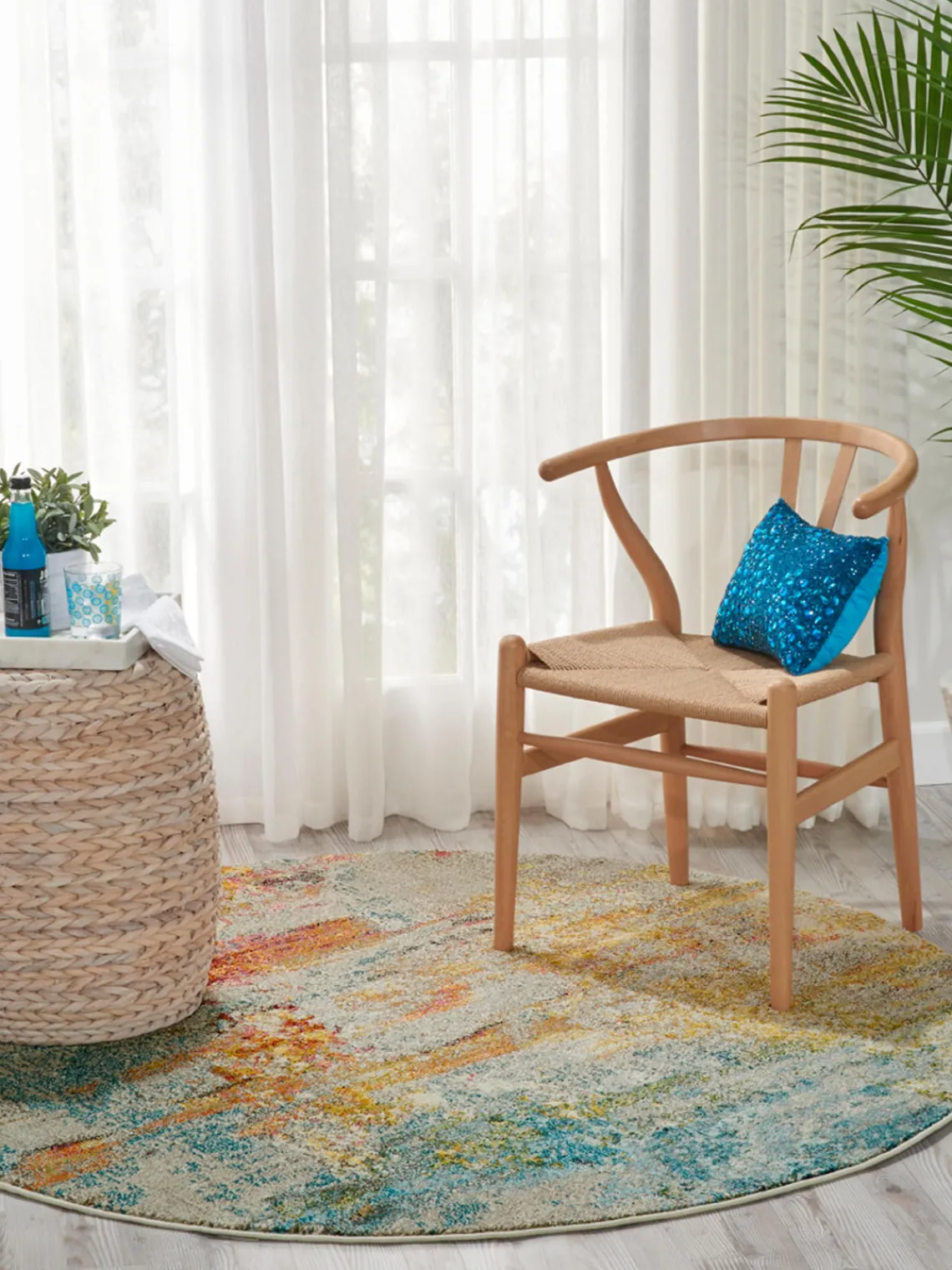 Redonda|Alfombras Rectangulares>Nourison Alfombra redonda de pelo corto de diseño Celestial Beige claro, multicolor