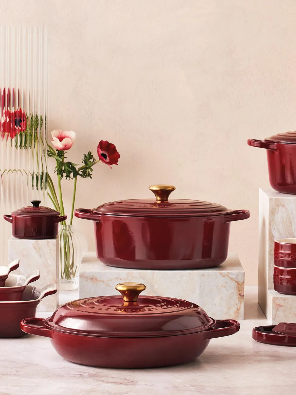 Ollas|Ollas>LE CREUSET Asador ovalado de hierro fundido Signature Collection Rojo vino, dorado