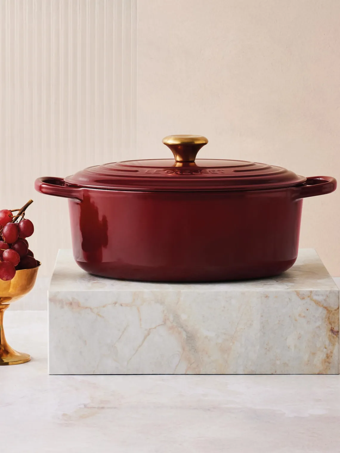 Ollas|Ollas>LE CREUSET Asador ovalado de hierro fundido Signature Collection Rojo vino, dorado