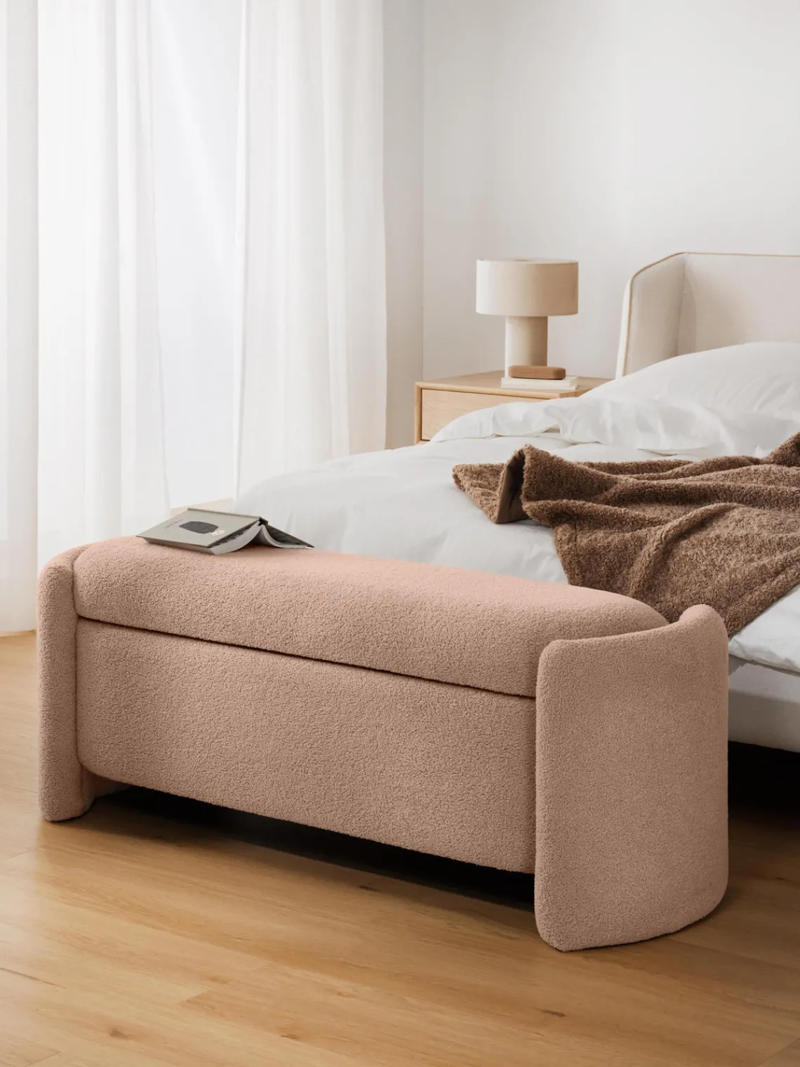 Bancos|Bancos>Westwing Collection Banco de borreguillo con espacio de almacenamiento Benji Borreguillo rosa claro