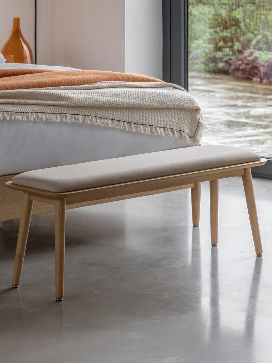 Bancos|Bancos> Banco de madera Hatfield Tejido beige claro, madera de roble barnizada clara