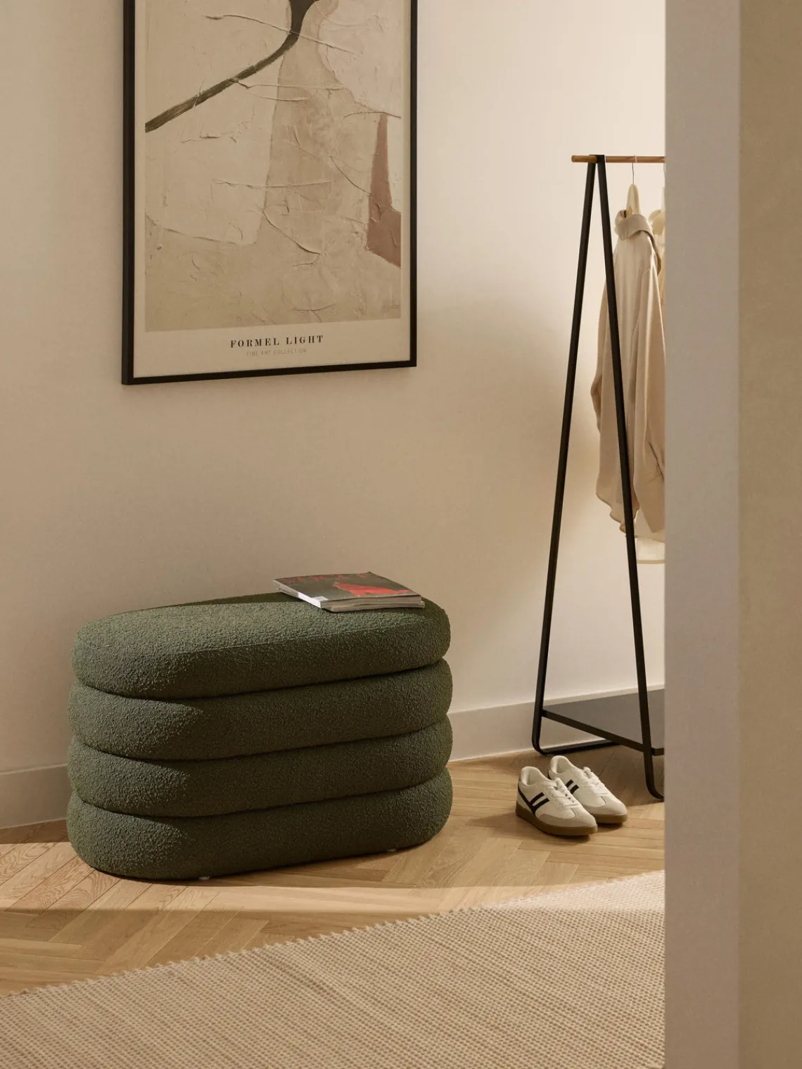 Bancos|Bancos>Westwing Collection Banco pequeño tapizado en tejido bouclé con espacio de almacenamiento Alto Bouclé verde oscuro