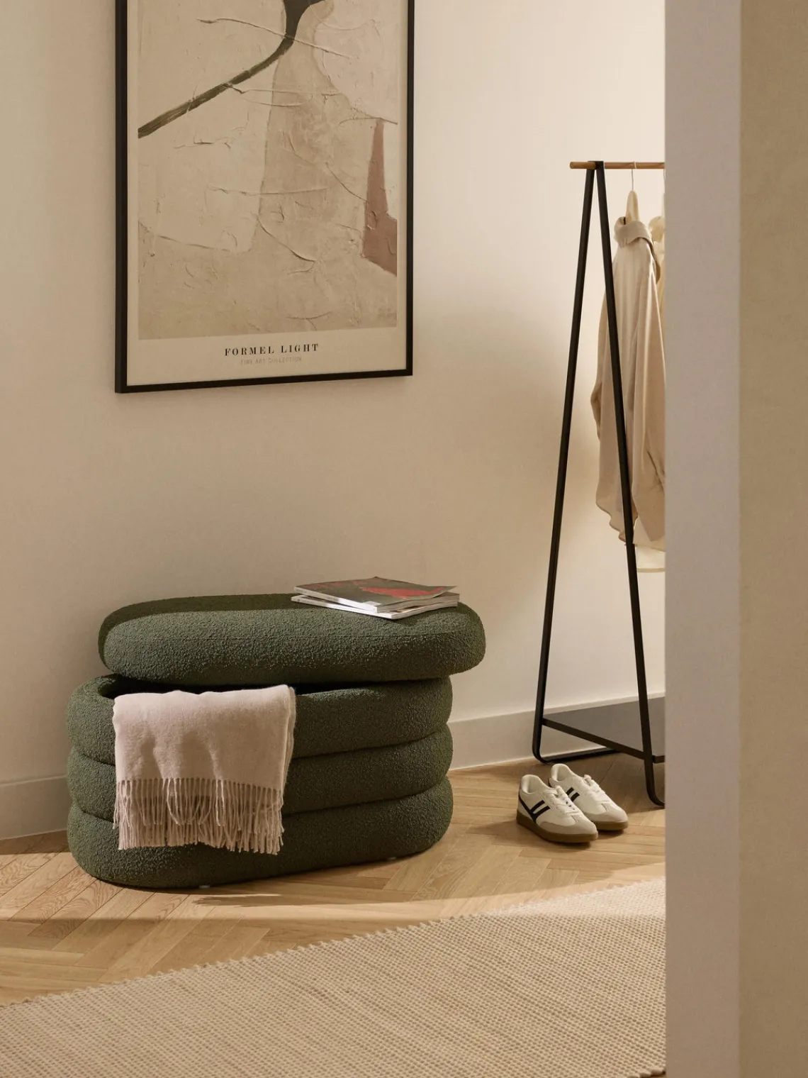 Bancos|Bancos>Westwing Collection Banco pequeño tapizado en tejido bouclé con espacio de almacenamiento Alto Bouclé verde oscuro