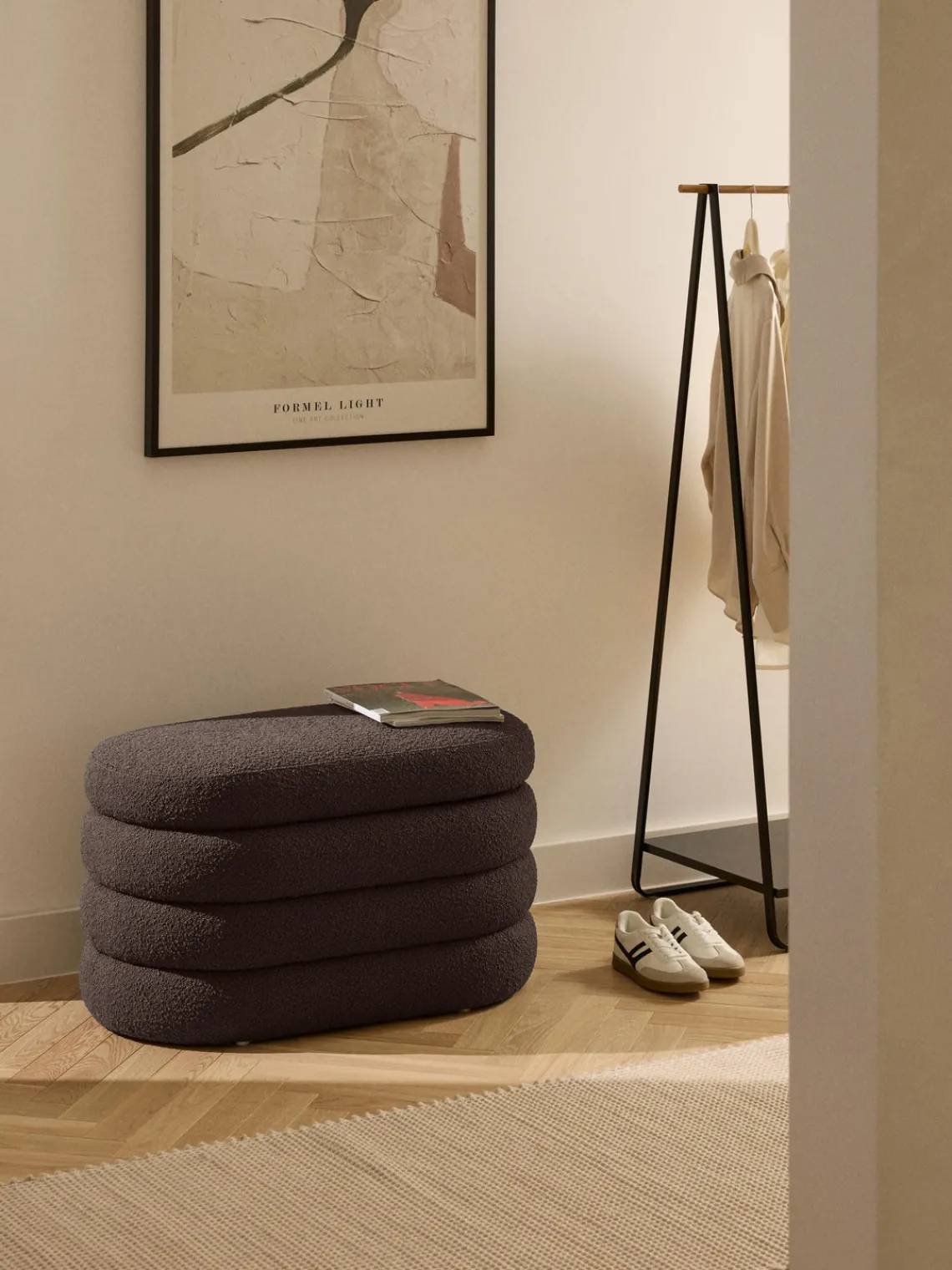 Bancos|Bancos>Westwing Collection Banco pequeño tapizado en tejido bouclé con espacio de almacenamiento Alto Bouclé marrón oscuro