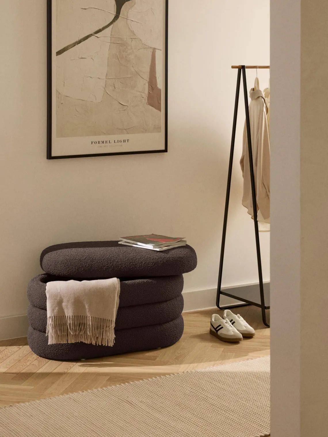 Bancos|Bancos>Westwing Collection Banco pequeño tapizado en tejido bouclé con espacio de almacenamiento Alto Bouclé marrón oscuro