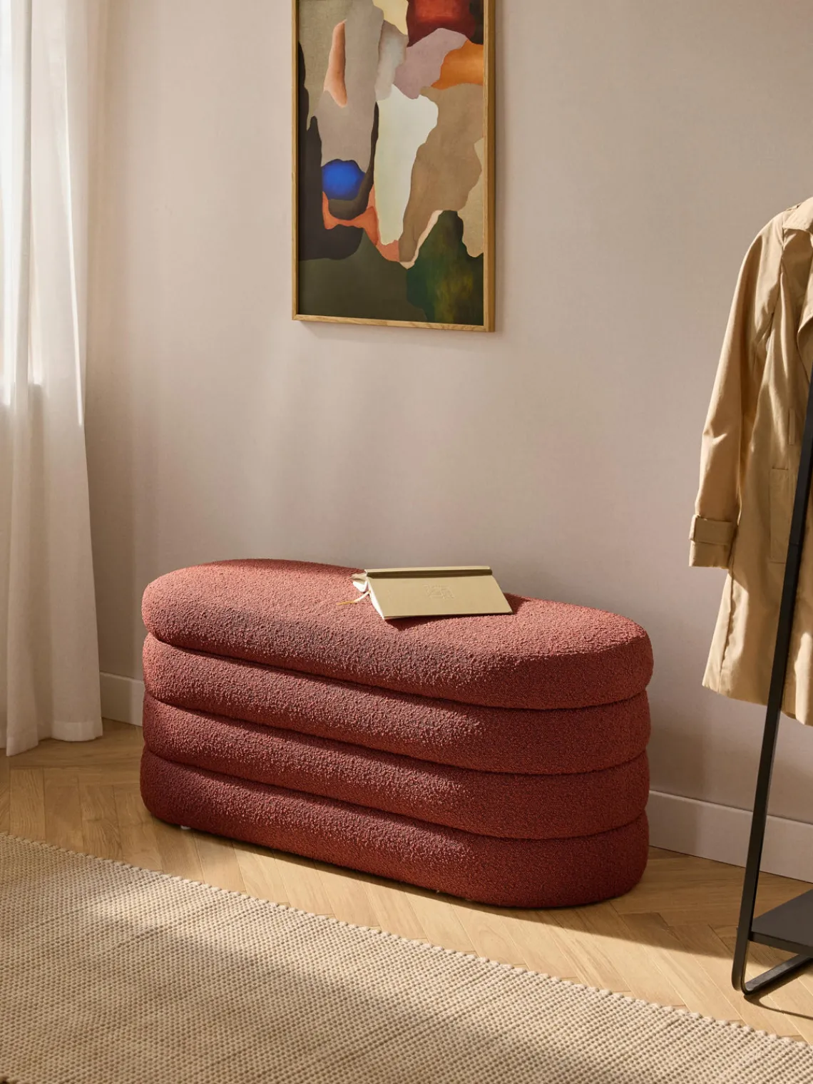 Bancos|Bancos>Westwing Collection Banco tapizado en tejido bouclé con espacio de almacenaje Alto Bouclé rojo óxido