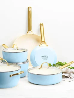 Ollas|Ollas>GreenPan Batería de cocina antiadherente Padova, 10 pzas. Azul claro, blanco crema, dorado