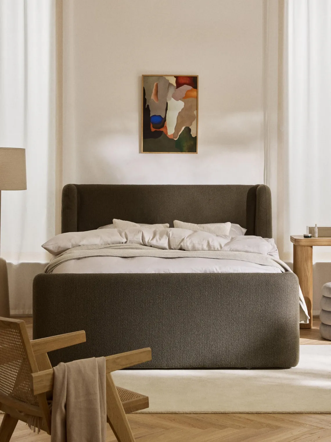 Cama continental en tejido bouclé con espacio de almacenamiento Perla Camas Continentales|Camas