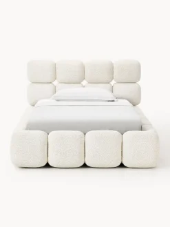 Camas Individuales|Camas Tapizadas>Westwing Collection Cama individual tapizada en borreguillo bouclé con espacio de almacenamiento Tayla Borreguillo bouclé blanco Off White