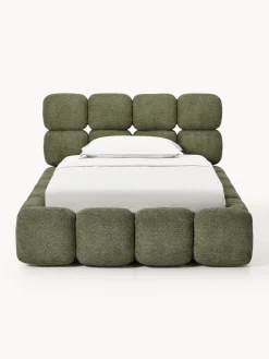 Camas Individuales|Camas Tapizadas>Westwing Collection Cama individual tapizada en borreguillo bouclé con espacio de almacenamiento Tayla Borreguillo bouclé verde oscuro