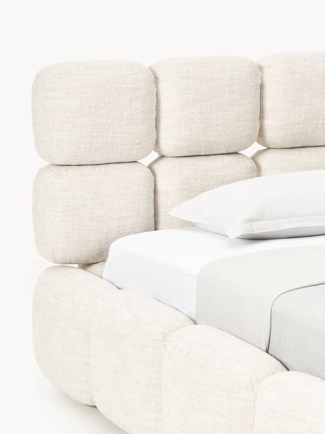 Camas Individuales|Camas Tapizadas>Westwing Collection Cama individual tapizada en borreguillo bouclé con espacio de almacenamiento Tayla Borreguillo bouclé beige claro