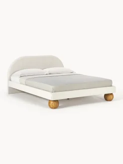 Camas Tapizadas|Camas>Westwing Collection Cama tapizada con patas esféricas de madera Rena Tejido grueso Off White, madera de roble