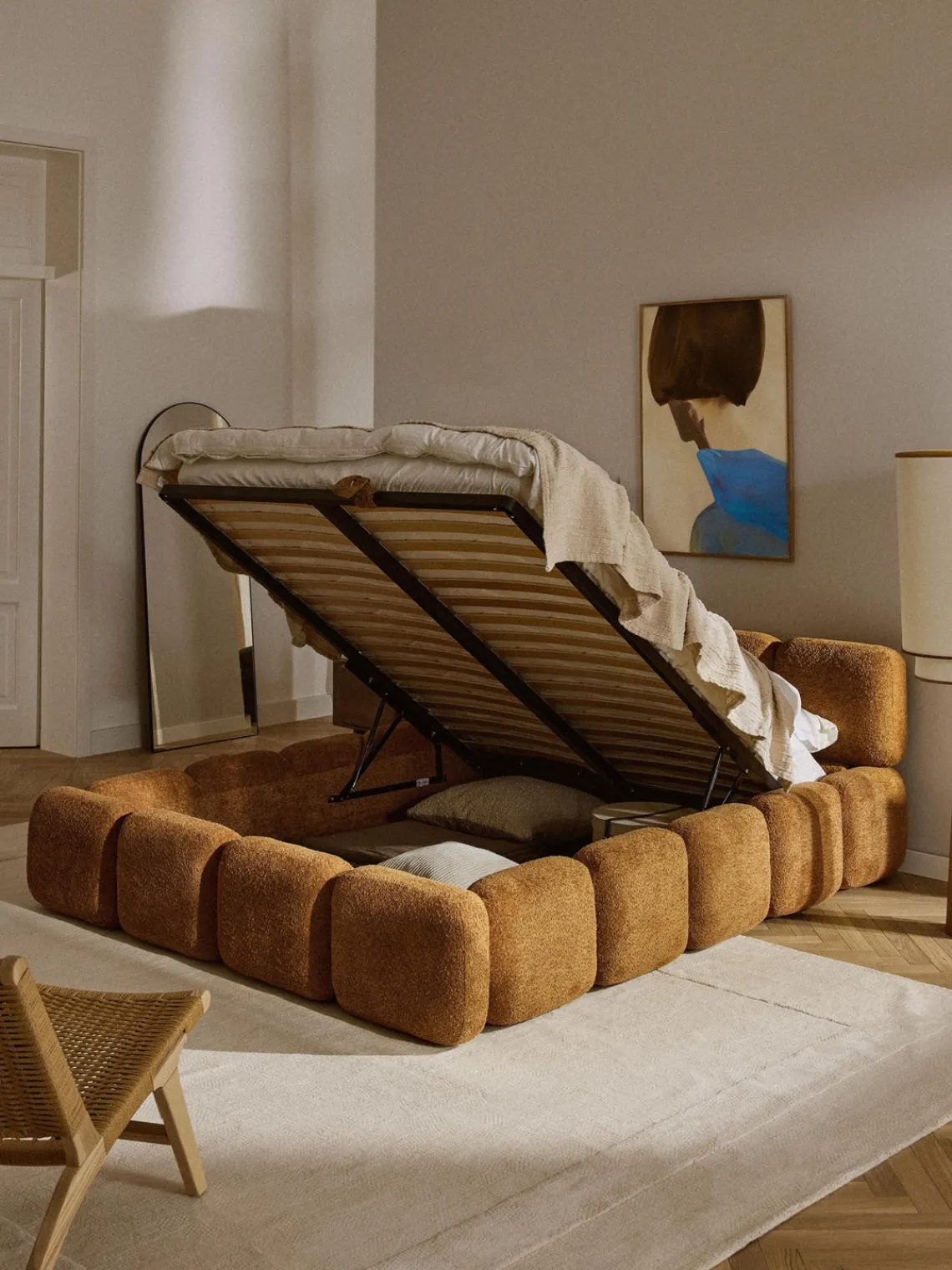 Camas Tapizadas|Camas>Westwing Collection Cama tapizada de boreguillo bouclé con espacio de almacenamiento Tayla Borreguillo bouclé ocre