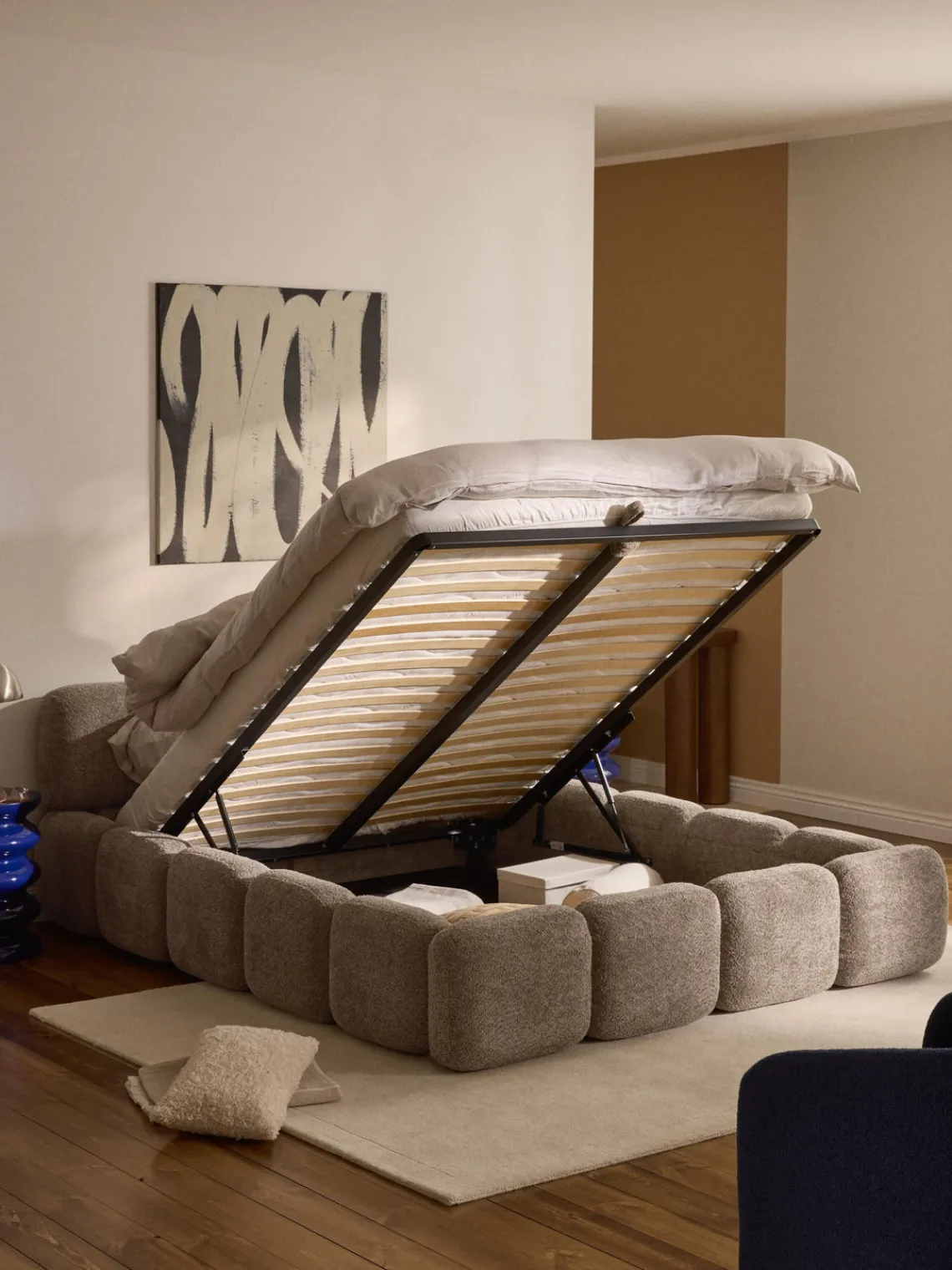 Camas Tapizadas|Camas>Westwing Collection Cama tapizada de boreguillo bouclé con espacio de almacenamiento Tayla Borreguillo bouclé taupe