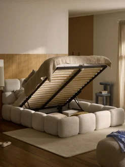 Camas Tapizadas|Camas>Westwing Collection Cama tapizada de boreguillo bouclé con espacio de almacenamiento Tayla Borreguillo bouclé blanco Off White