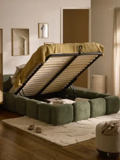 Camas Tapizadas|Camas>Westwing Collection Cama tapizada de boreguillo bouclé con espacio de almacenamiento Tayla Borreguillo bouclé verde oscuro