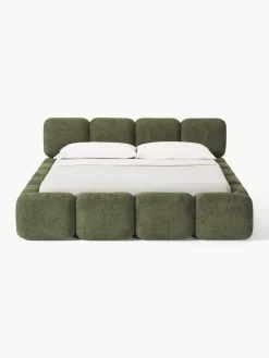 Camas Tapizadas|Camas></noscript>Westwing Collection Cama tapizada de boreguillo bouclé con espacio de almacenamiento Tayla Borreguillo bouclé verde oscuro