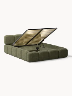 Camas Tapizadas|Camas></noscript>Westwing Collection Cama tapizada de boreguillo bouclé con espacio de almacenamiento Tayla Borreguillo bouclé verde oscuro