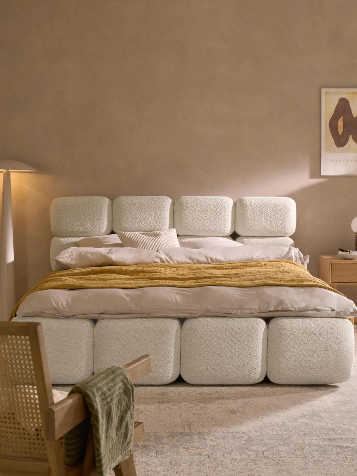Camas Tapizadas|Camas>Westwing Collection Cama tapizada de borreguillo bouclé Tayla Borreguillo bouclé blanco Off White