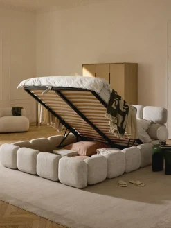 Camas Tapizadas|Camas>Westwing Collection Cama tapizada en tejido bouclé con espacio de almacenamiento Tayla Bouclé beige claro