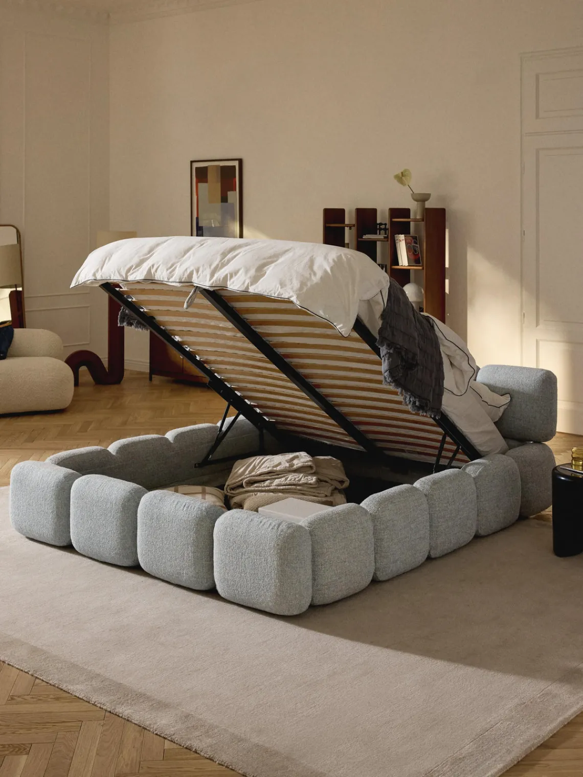 New Cama tapizada en tejido bouclé con espacio de almacenamiento Tayla Camas Tapizadas|Camas