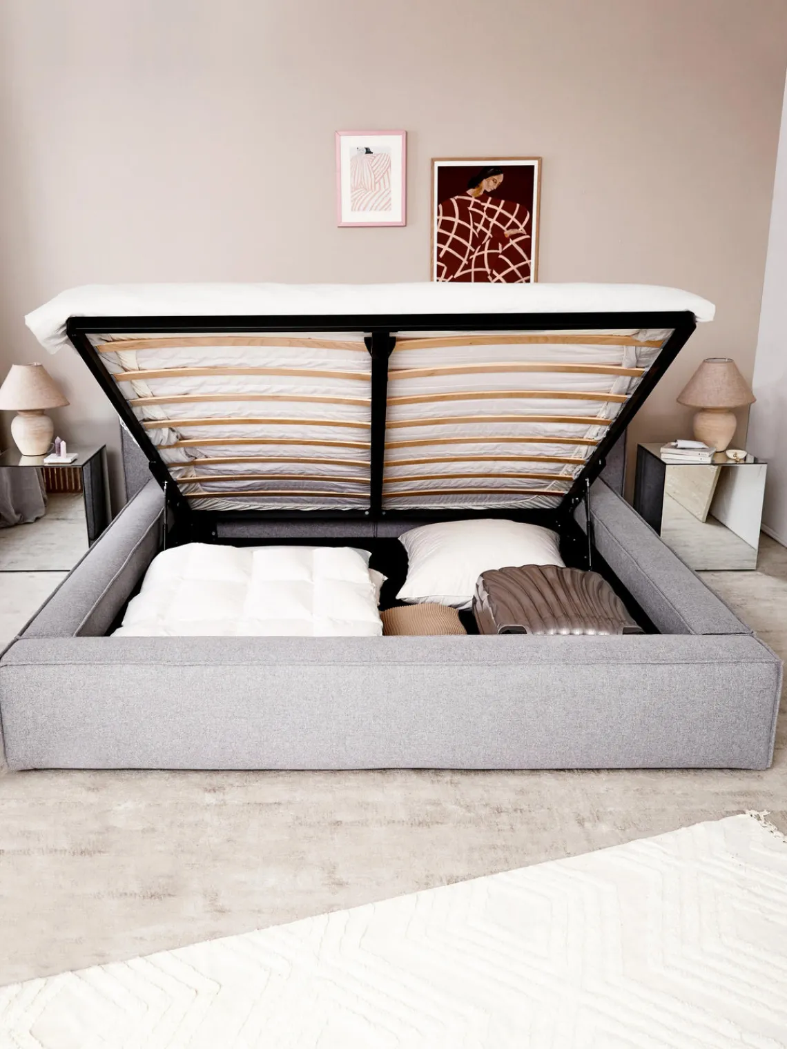 Camas Tapizadas|Camas>Westwing Collection Cama tapizada Lennon, con espacio de almacenamiento Tejido gris