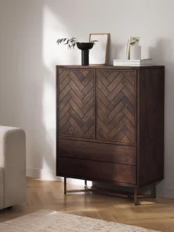 Sifonieres|Sifonieres>Westwing Collection Chiffonnier de madera de mango diseño espiga Luca Madera de mango, dorado