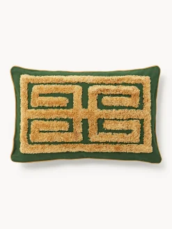 Mantas|Cojines Decorativos>Palais Cojín artesanal con decoración empenachada Cleo Verde oscuro, beige