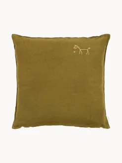 Decoración Infantil|Cojines Infantiles>Nobodinoz Cojín infantil de lino bordado L1N0 Verde oliva, melocotón