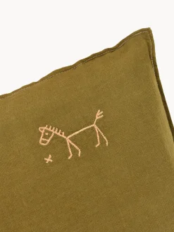 Decoración Infantil|Cojines Infantiles>Nobodinoz Cojín infantil de lino bordado L1N0 Verde oliva, melocotón