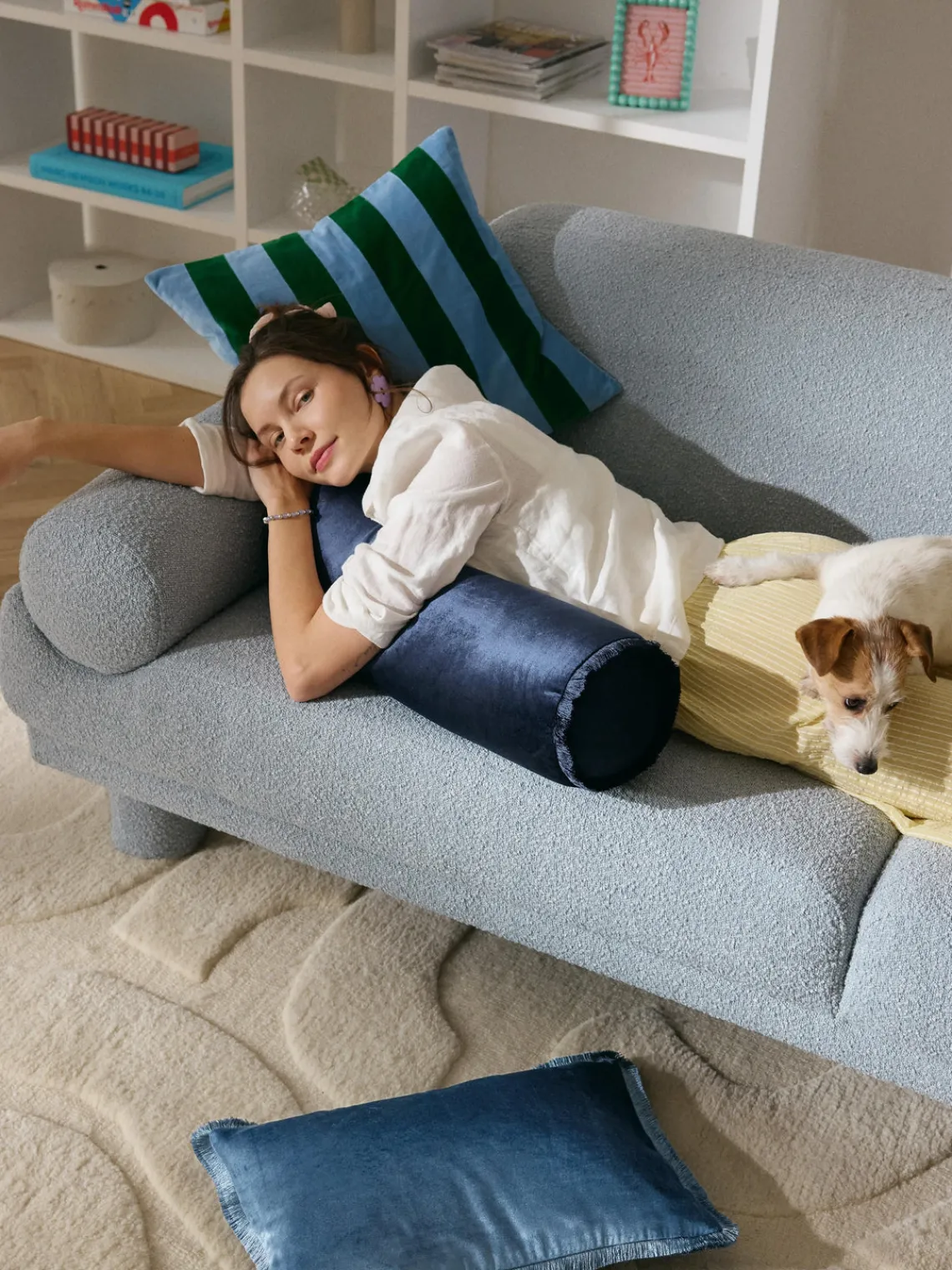 Mantas|Cojines Decorativos>Westwing Collection Cojín rulo co flecos Nikita Azul oscuro