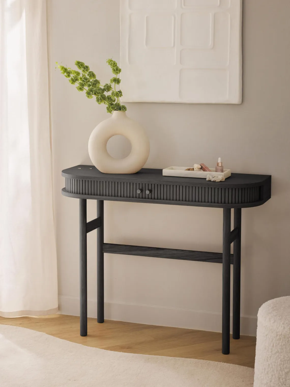 Mesas Consola|Consolas>Westwing Collection Consola con frente acanalado Calary Madera de roble lacada en negro