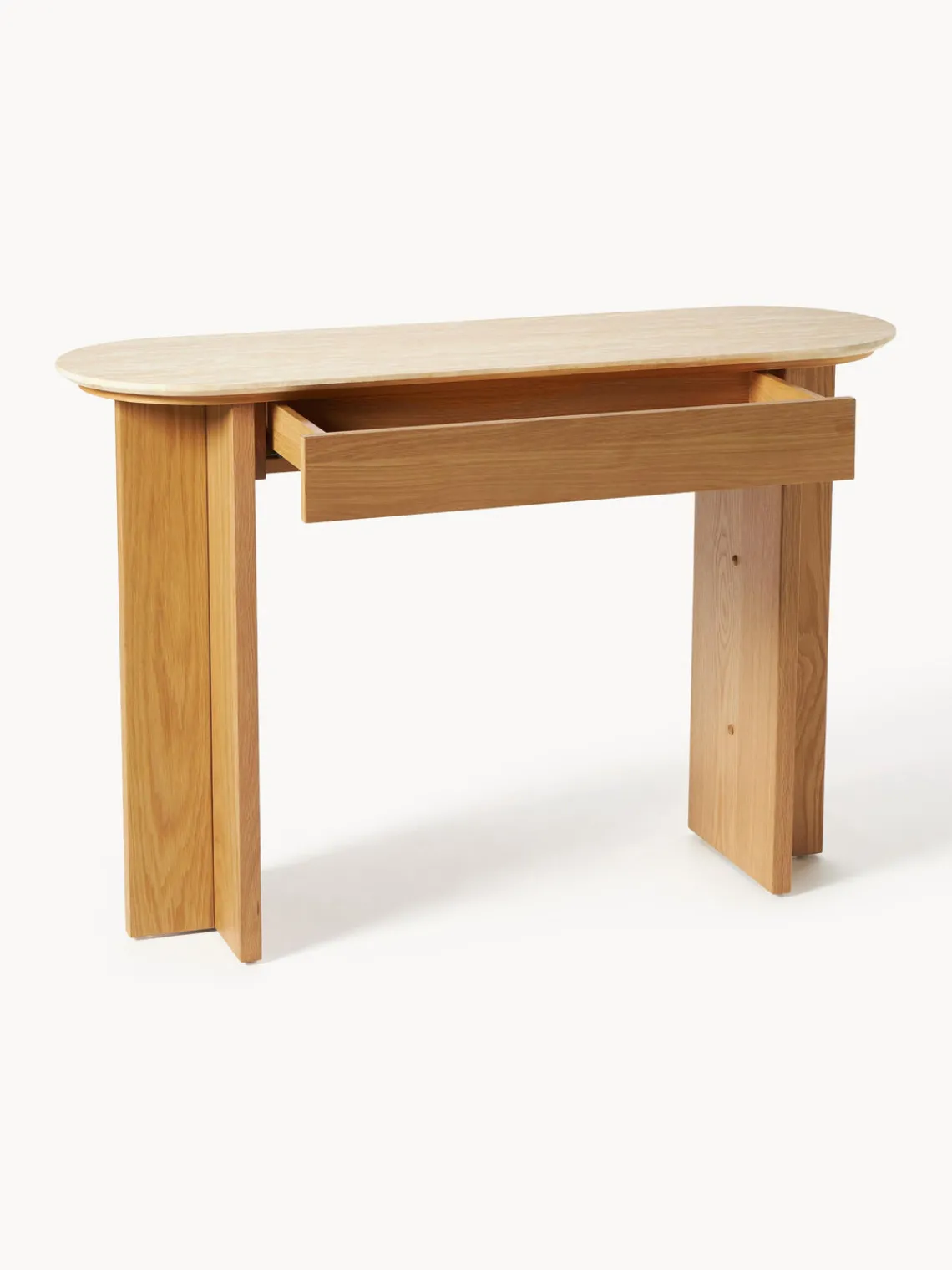 Mesas Consola|Consolas>Westwing Collection Consola de madera con tablero de travertino y cajón Zumi Madera de roble, travertino tonos beige