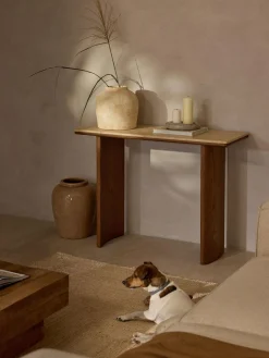 Consola de madera de roble con tablero de travertino Chandler Mesas Consola|Consolas