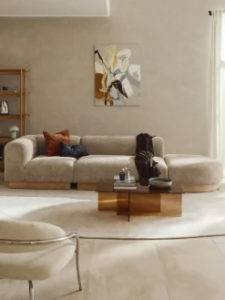 Sofás>Westwing Collection Diván modular de borreguillo bouclé con reposapiés Natalie Borreguillo bouclé beige, madera de haya clara