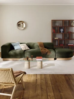 Sofás>Westwing Collection Diván modular de borreguillo bouclé con reposapiés Natalie Borreguillo bouclé verde oscuro, madera de haya clara