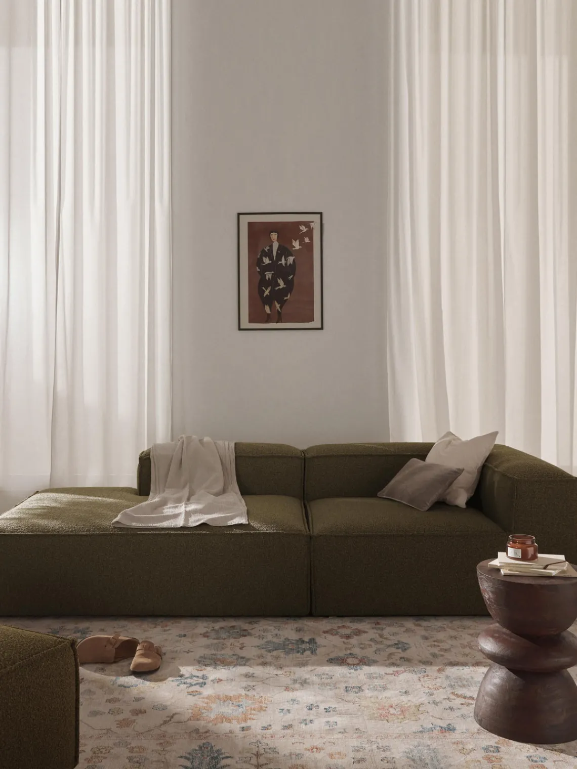 Sofás>Westwing Collection Diván modular en tejido bouclé Lennon Bouclé verde oliva