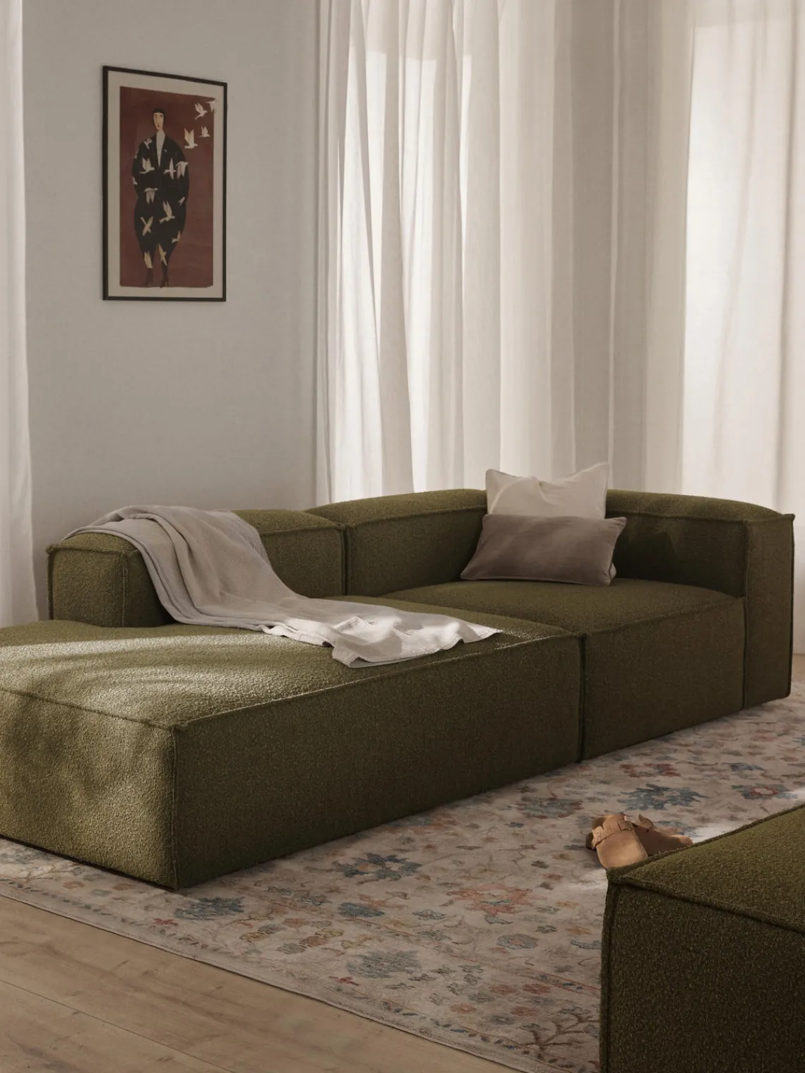 Sofás>Westwing Collection Diván modular en tejido bouclé Lennon Bouclé verde oliva