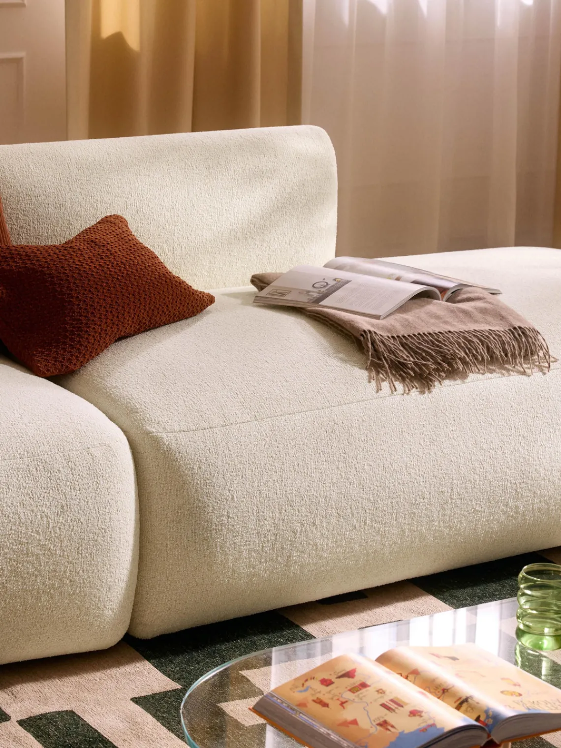 Sofás>Westwing Collection Diván modular en tejido bouclé Sofia Bouclé jaspeado, blanco crema