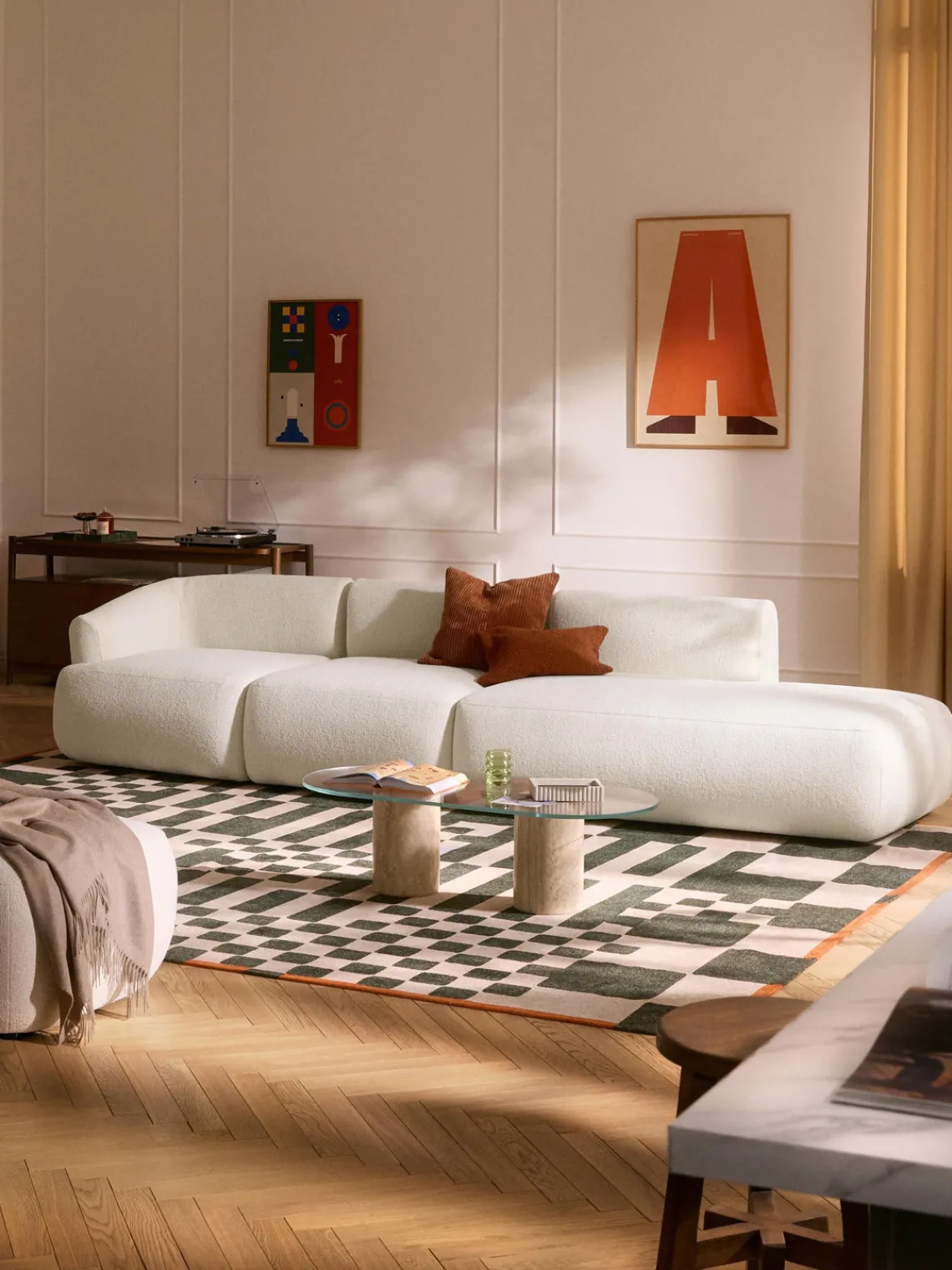 Sofás>Westwing Collection Diván modular en tejido bouclé Sofia Bouclé jaspeado, blanco crema