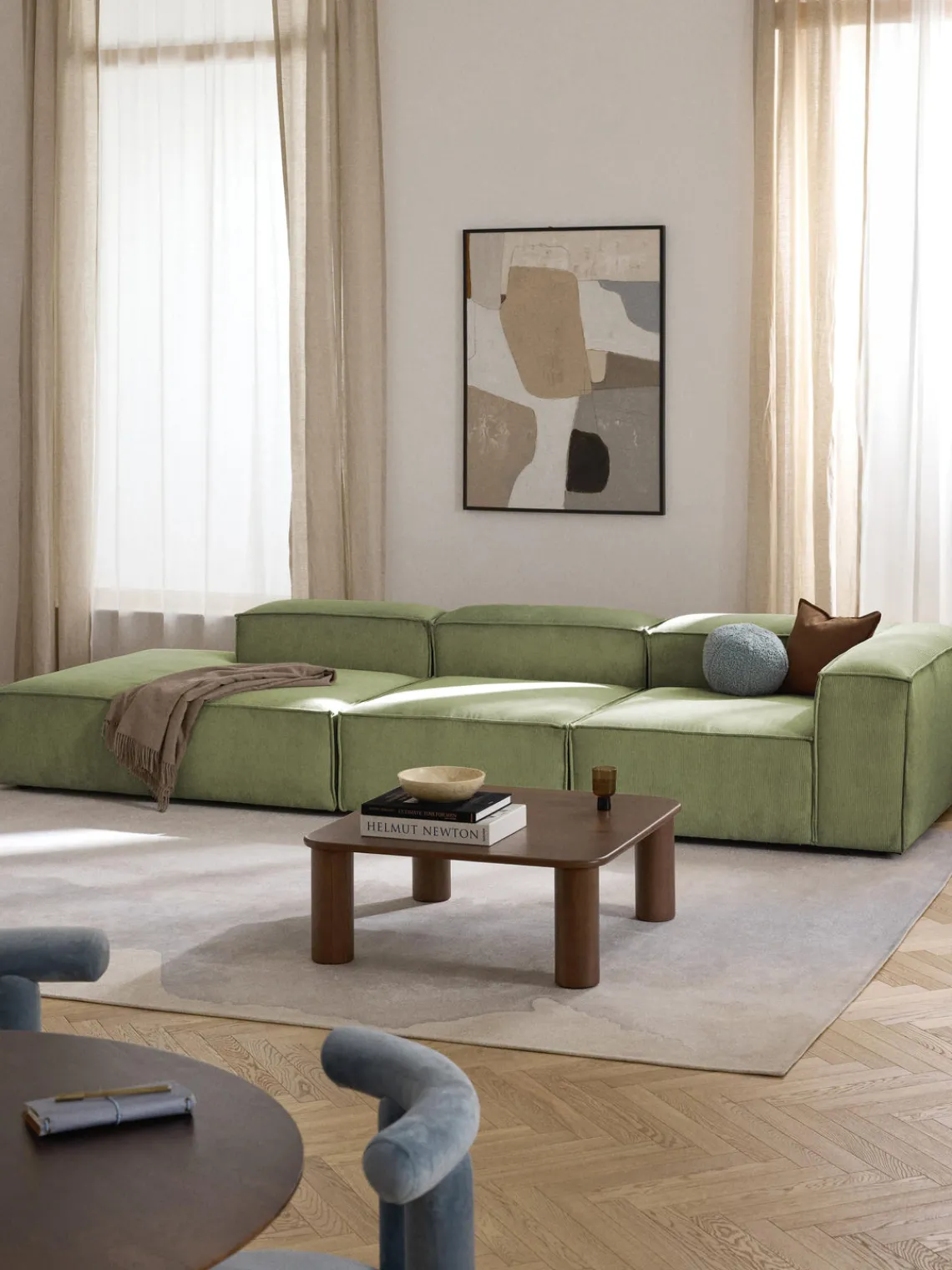 Sofás>Westwing Collection Diván modular grande de pana Lennon Pana verde oliva