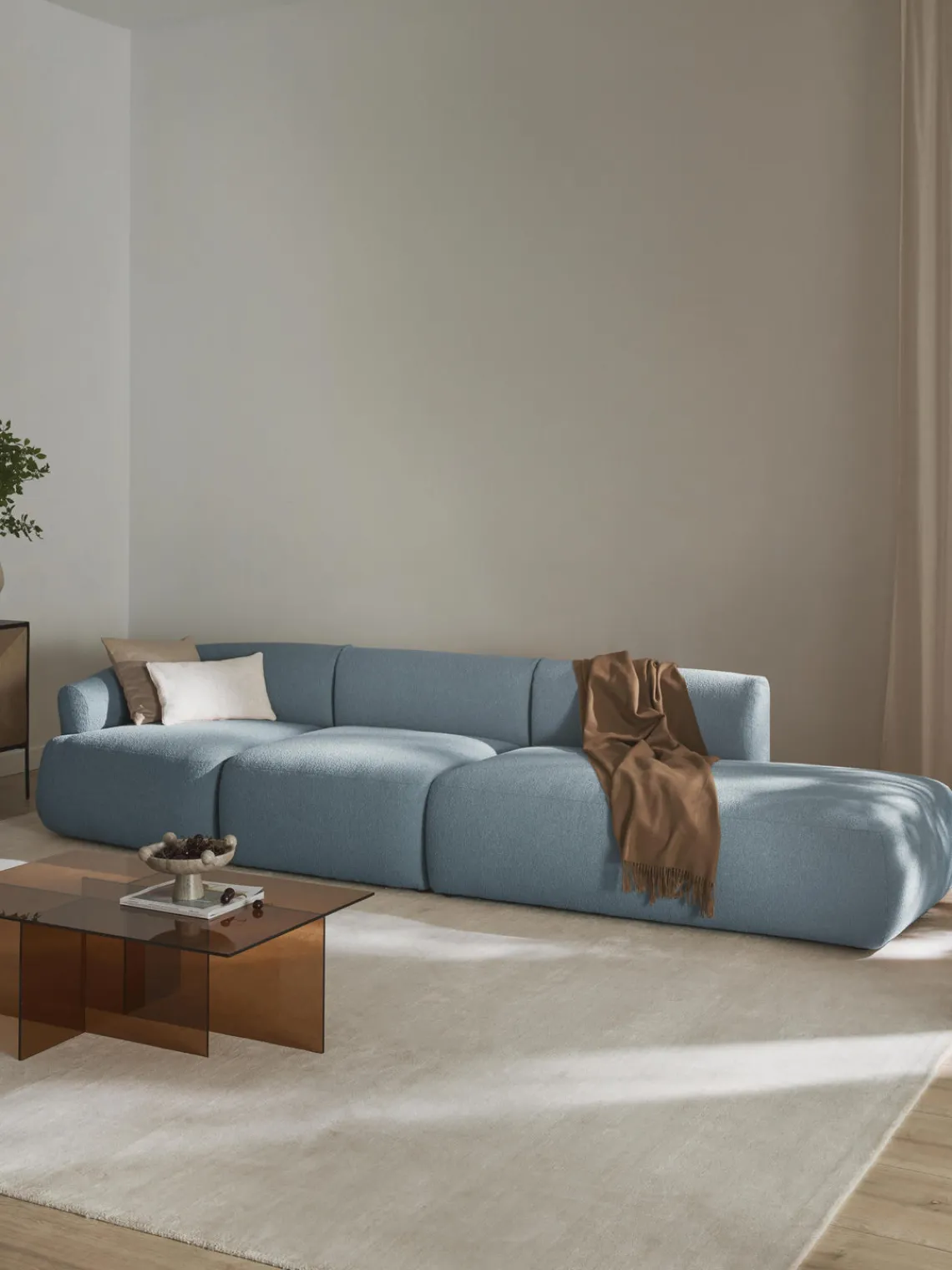 Sofás>Westwing Collection Diván modular grande en tejido bouclé Sofia Bouclé azul