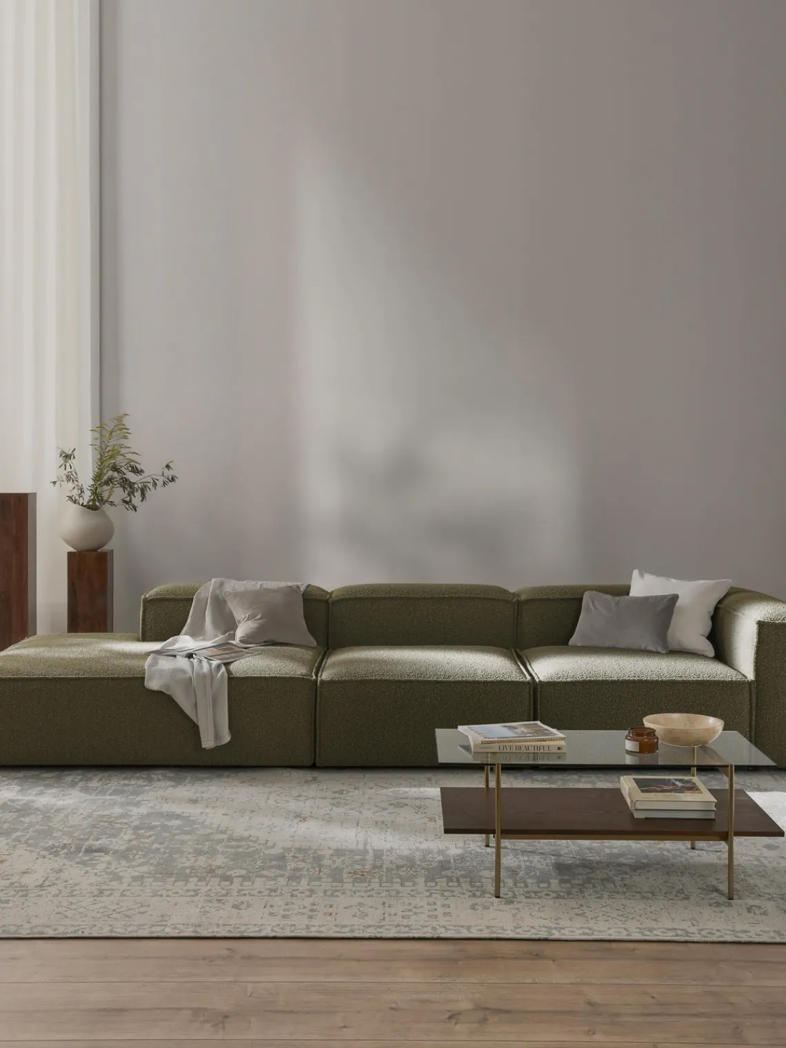 Sofás>Westwing Collection Diván modular grande en tejido bouclé Lennon Bouclé verde oliva