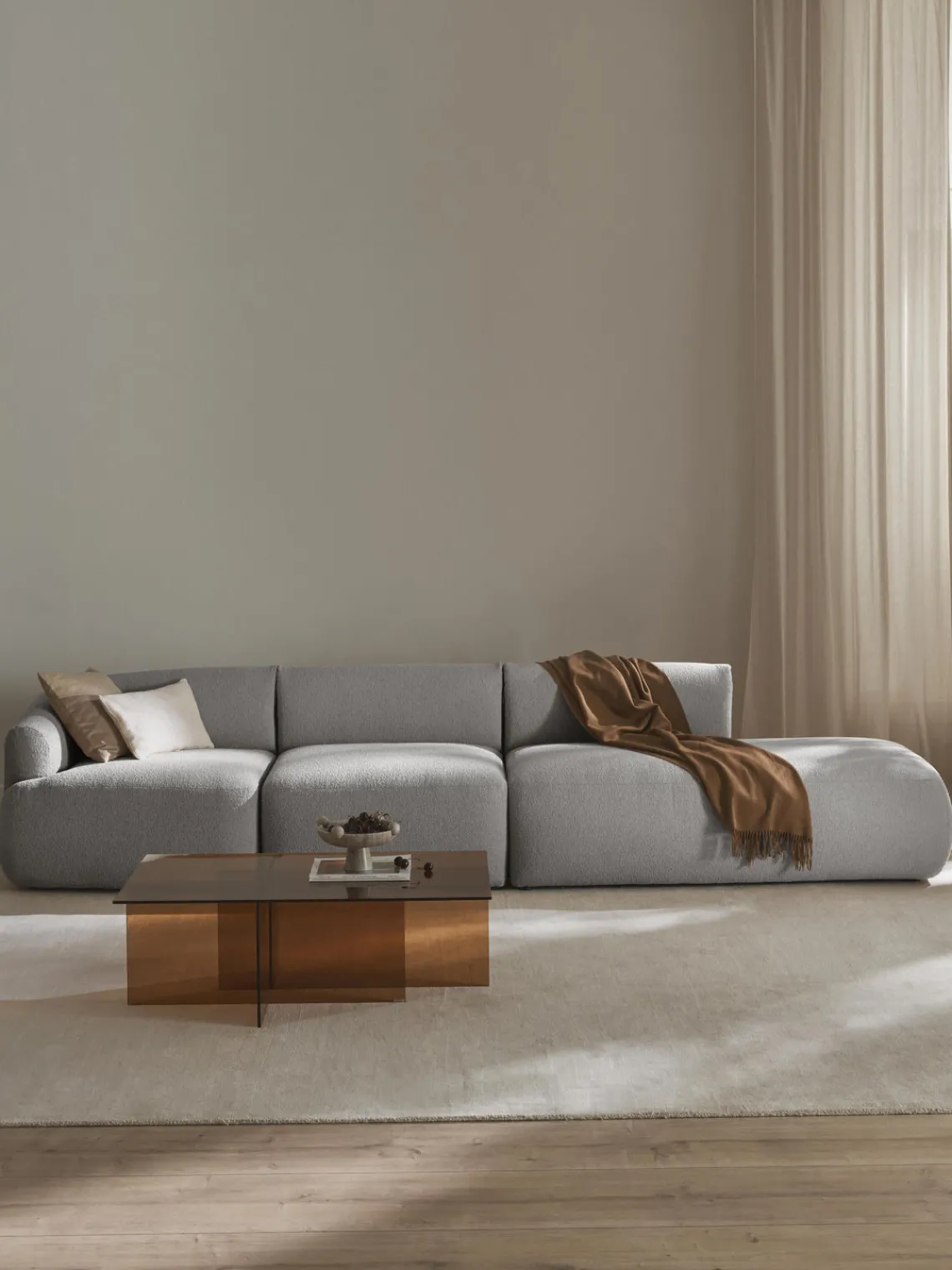 Sofás>Westwing Collection Diván modular grande en tejido bouclé Sofia Bouclé gris claro