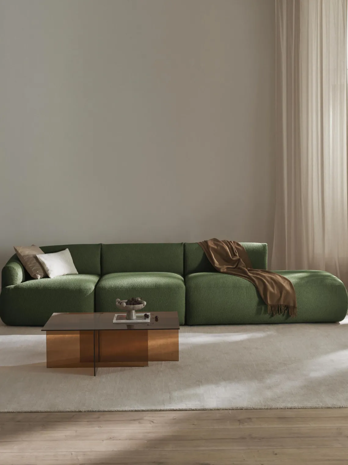 Sofás>Westwing Collection Diván modular grande en tejido bouclé Sofia Bouclé verde oscuro