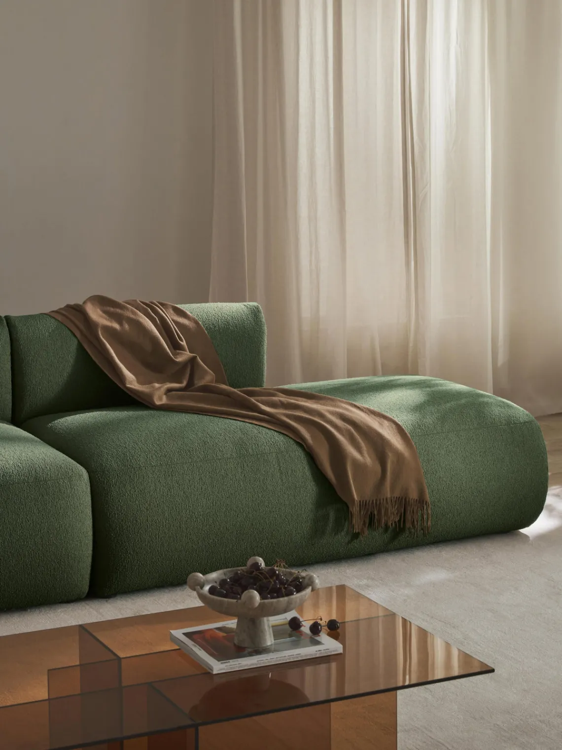 Sofás>Westwing Collection Diván modular grande en tejido bouclé Sofia Bouclé verde oscuro