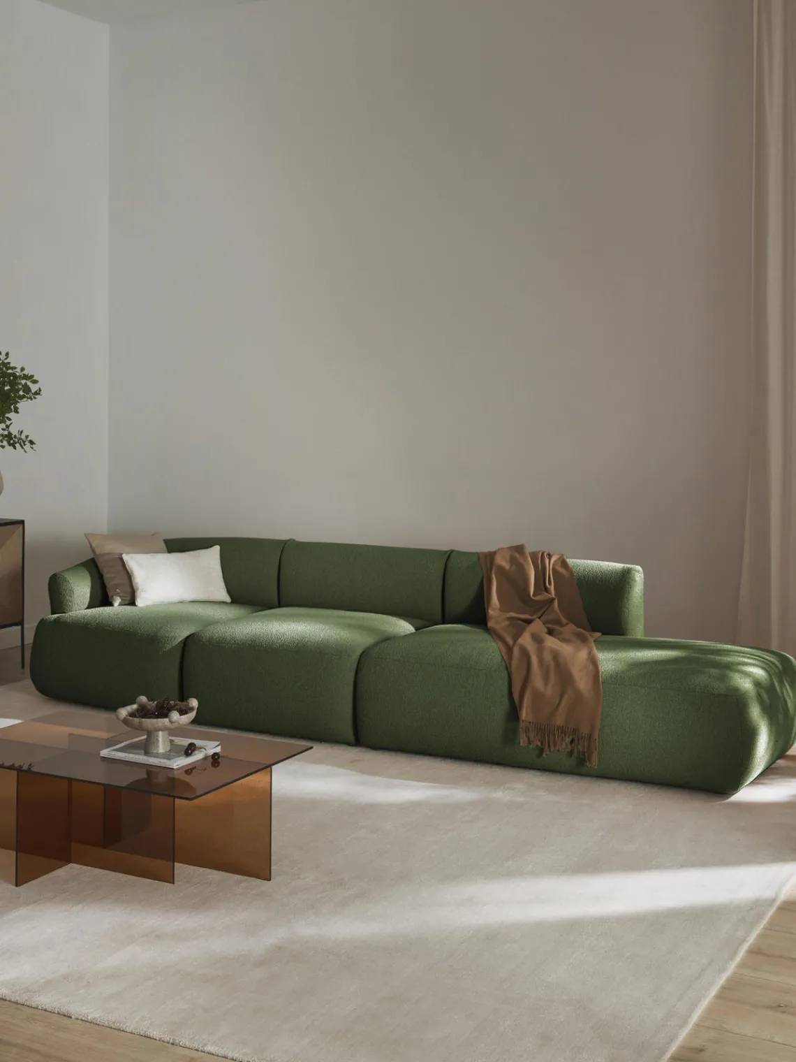 Sofás>Westwing Collection Diván modular grande en tejido bouclé Sofia Bouclé verde oscuro