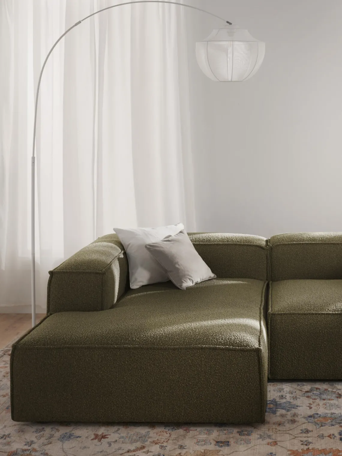 Sofás>Westwing Collection Diván rinconero modular en tejido bouclé Lennon Bouclé verde oliva