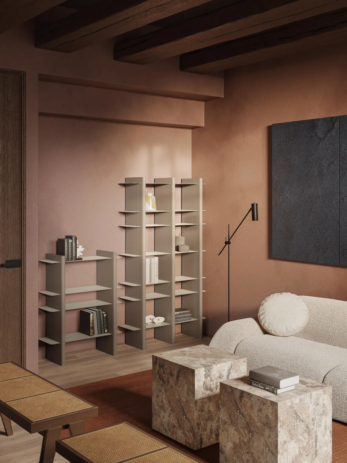 Librerías|Estanterías De Oficina>Westwing Collection Estantería alta con elementos de metal Rami Beige claro, greige